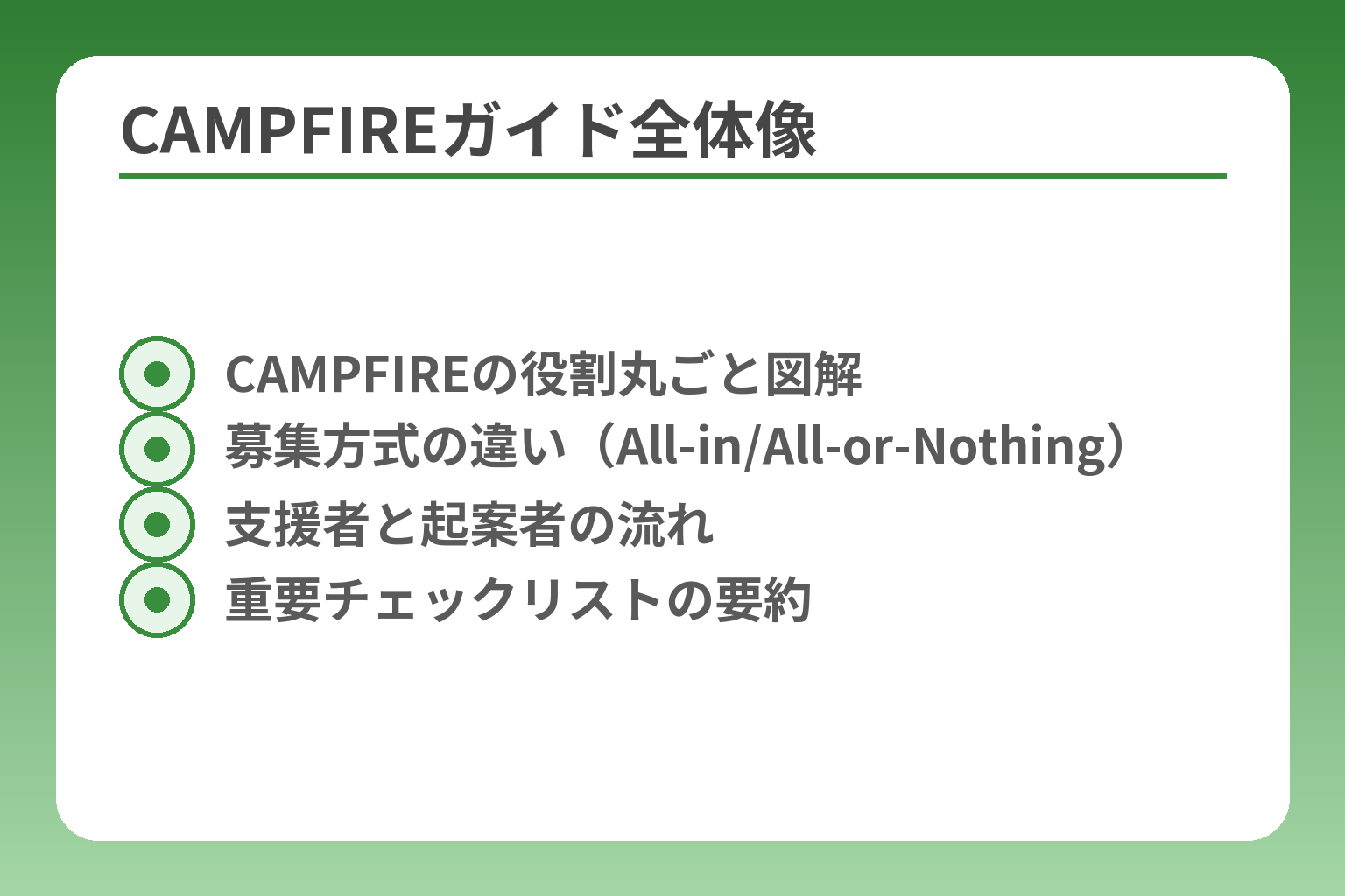 CAMPFIREガイド全体像