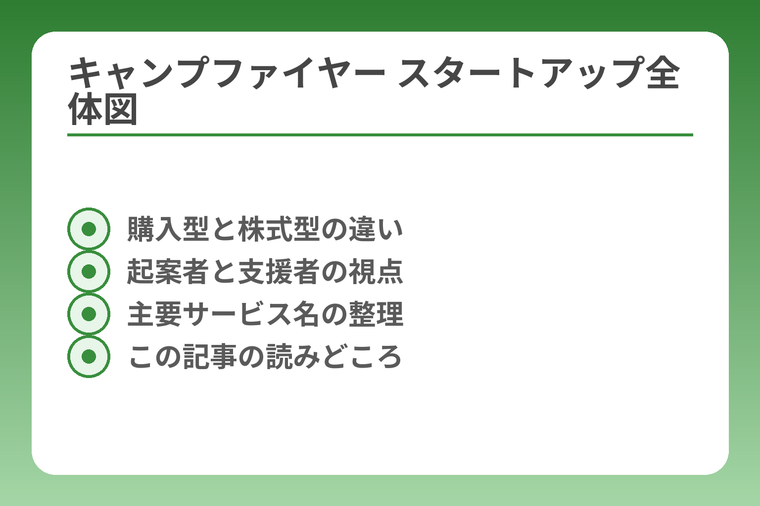 キャンプファイヤー スタートアップ全体図